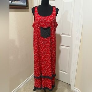 Cactus Flower Red Bandana Print dress, black ruffle trim MADE IN USA SIZE M.